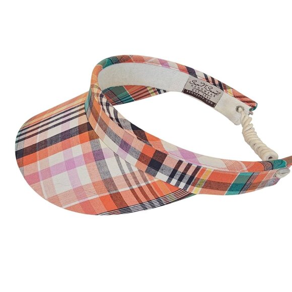 Ladies Athleisure Golf Sun Hat Visor Tennis Poolside Beachy Orange Blue Plaid - Picture 8 of 11